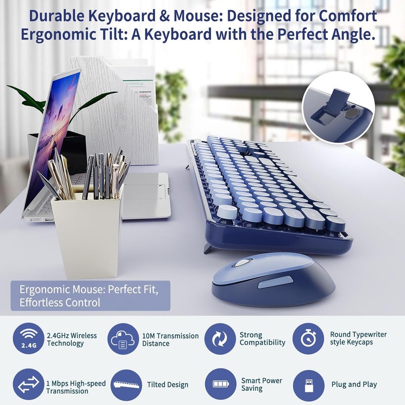 Nowlike Wireless Keyboard and Mouse Combo, Retro Typewriter Keyboard with Round Keycaps, Full-Size Ergonomic, Blue, Ideal for Windows PC, Home, Office, and College, Wireless Keyboard Mouse Combo - Image 5